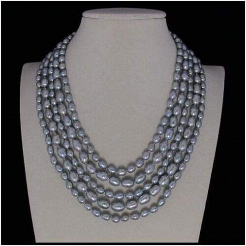 Terisa Pearljewelry Charming AA 6-8MM Silvers Gray Color Rice Freshwater Pearl Necklace 5 Rows Chirstmas Gift Party Jewelry