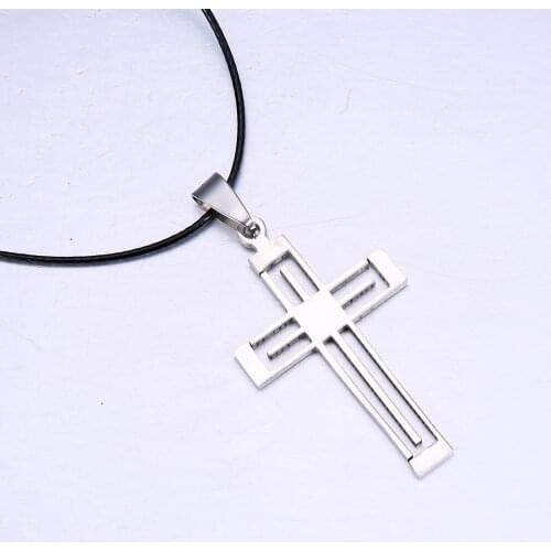 Fashion Charm Hollow Cross Pendants Necklaces For Men Women Stainless Steel Necklace Leather Chain Collar Necklace Wholesale