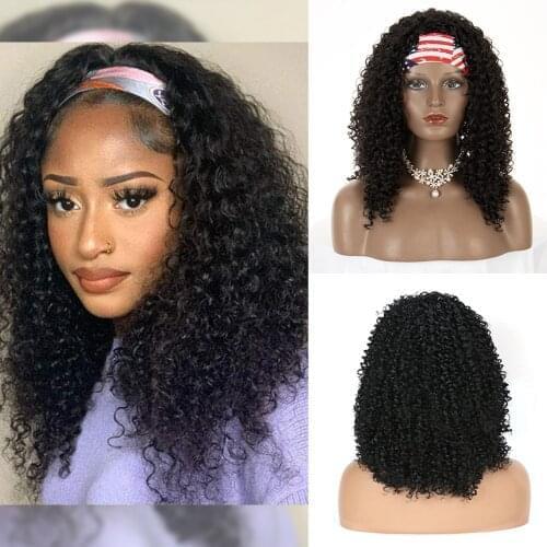 Headband Wig Synthetic Kinky Curly 16 Inch Natural Black With Scarf Heat Resistant Head Band Wigs For Women African American