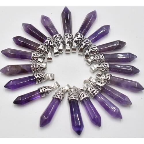 Fashion good quality natural amethysts stone pillar charms pendants 10x30mm for jewelry making 20pcs/lot wholesale free shipping