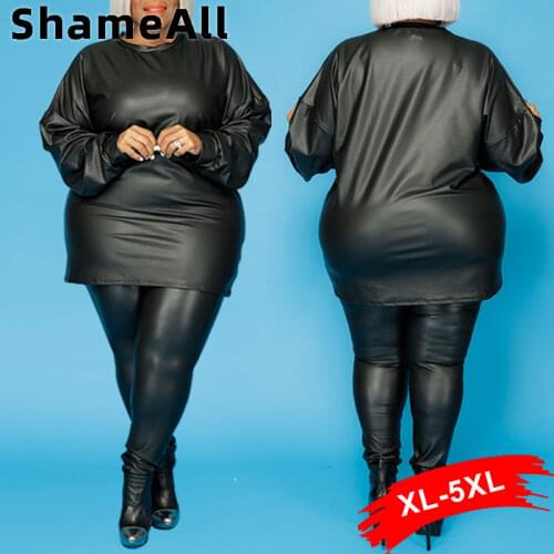 Plus Size Pu Leather 2 Two Piece Set 5XL Women Crew Neck Long Sleeve Tops and Stretch Skinny Pants Leggings Sexy Black Tracksuit