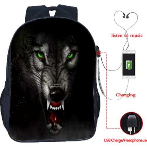 Animal Wolf Backpack USB Design Backpack boys girls Rucksack School Bags for Teens School Bagpack Daily Hiking Knapsack gifts