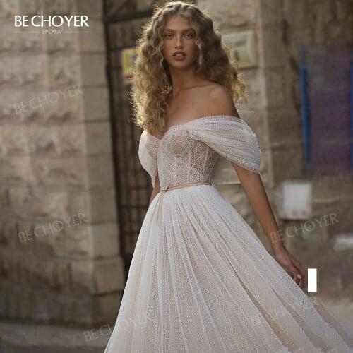 Wedding Dress Sleeveless 2021 Boho Off Shoulder Tulle A-Line Bridal Gown Beach Princess BECHOYER BA06 Plus Size Vestido De Noiva