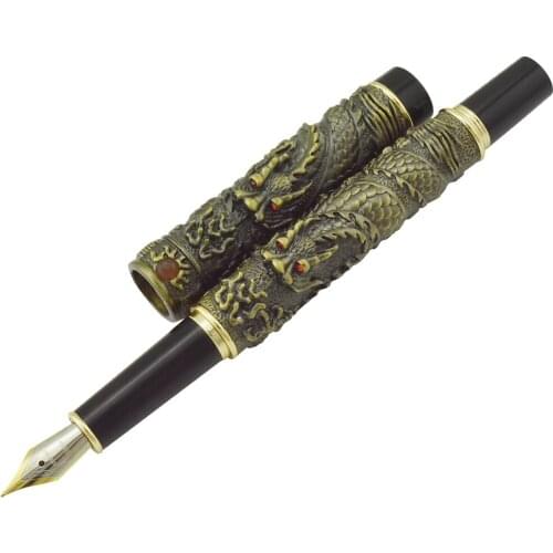 Jinhao Vintage Fountain Pen Small Double Dragon Playing Pearl,Bronze Luxurious Metal Carving Embossing Heavy Collection Gift Pen