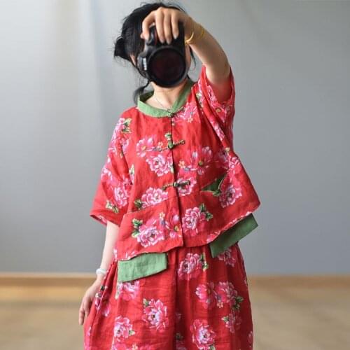 Women Loose Printed Linen Blouse Female Single Breasted Shirt Tops Female Vintage Flax Shirts 2020 Summer