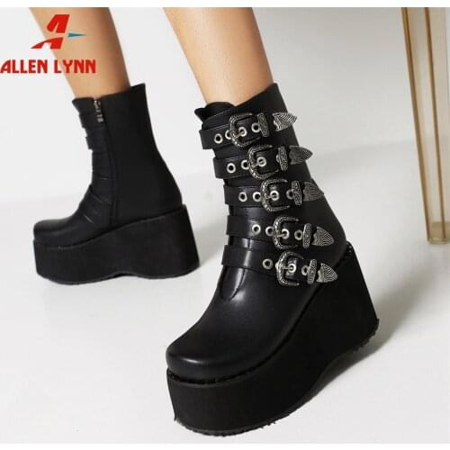 New Fashion Design Punk Gothic Street Women Ankle Boots Platform Buckle Wedges High Heels Boots Woman Cool Trendy Ladies Shoes