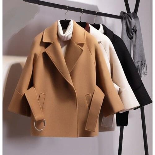 2021 Womens Short Wool Coat Belt Jacket Lapel Casual Loose Wool Trench Coat Womens Large Size Jacket