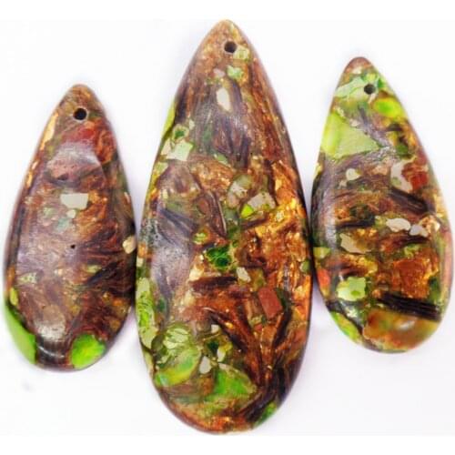 3Pcs/set 50x20x7mm/35x16x7mm Green And Bronze Sea Sediment Jasper & Pyrite Teardrop Pendant Bead DIY Jewelry Accessories S935