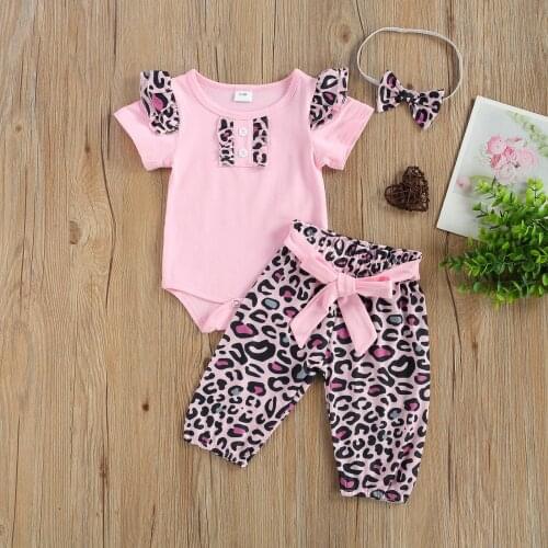 Babys Leopard Romper Suit, Short Sleeves Round Neck Elastic Head Long Pants with Bowknot Hairband