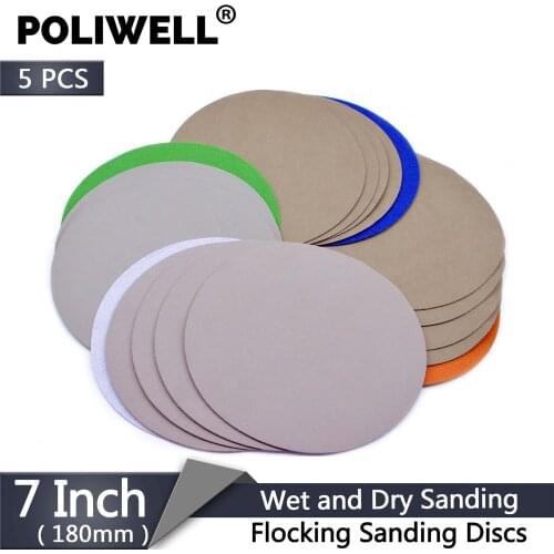 POLIWELL 5PCS 7 Inch 180mm 3000-10000 Grit Wet and Dry Flocking Sanding Discs Automotive Fine Polishing Sandpaper Sanding Disk