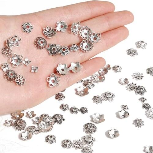DIY Findings 50Pcs/lot Fashion Alloy Antique Silver Color Flower Bead End Caps For Jewelry Making Charms Necklace Accessories