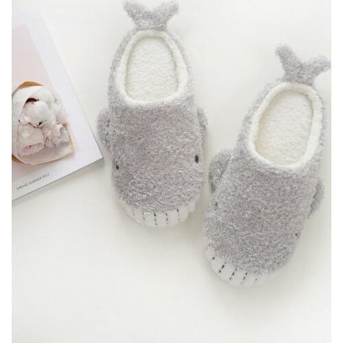 Kawaii Gray Whale Home Slides Autumn Winter Women Cartoon Animal Warm Indoor Non-Slip Plush Shoes Girl Soft Flat Cotton Slippers