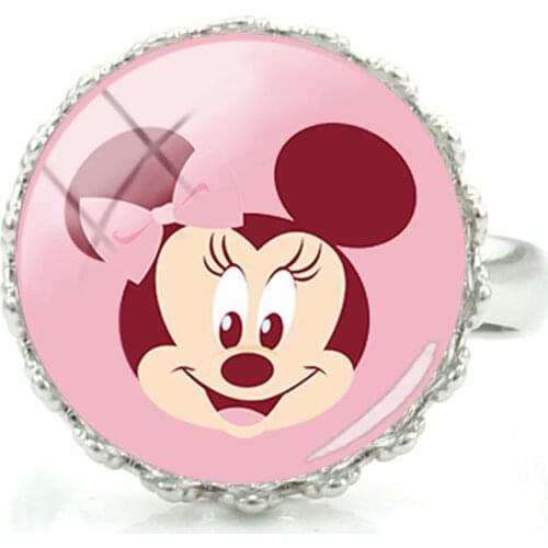 Disney Pink Minnie Cartoon Avatar Ring Glass Convex Round Ring Fashion Taste Men And Women Jewelry Cartoon Character Ring