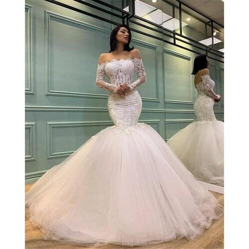 Custom Made Boat Neck Lace Bridal Gown Long Sleeve Mermaid Wedding Dress