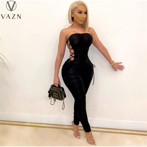 VAZN 2021 Top Sale Strapless Hole Out Shinny Solid Sleeveless Sexy Lady Women Party Beach Jumpsuits Full Pant Bandage Rompers