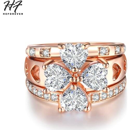Luxury Love Heart Flower Wedding Ring set for Women 3 PCS Rose Gold Color CZ Crystal Rings Fashion Engagement jewelry Xmas R673