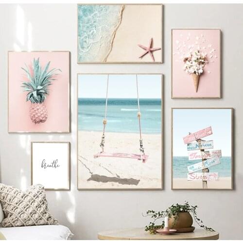 Pink Flower Cream Pineapple Blue Beach Wall Art Canvas Painting Nordic Posters And Prints Wall Pictures For Living Room Decor