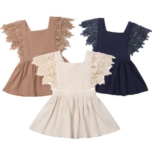 Flower Girl Kids Toddler Baby Princess Party Casual Tutu Dress Cotton and Linen Lace Clothes Sundress