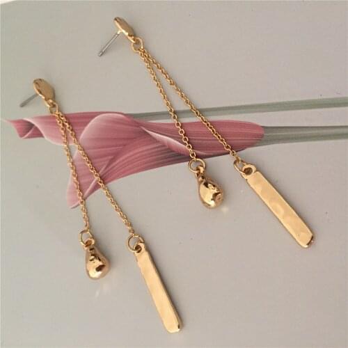 Casual Simple Gold Color Ball Hammered Stick Hanging on Two Chain Tassel Drop Earrings For Women Girl Lady Jewelry Daily Wearing