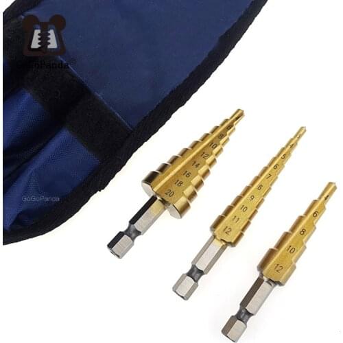 Free Shipping 3pcs/set Hex Shank Titanium Spiral Grooved Step Drill 4-32,4-20,4-12 Pagoda Step Drill