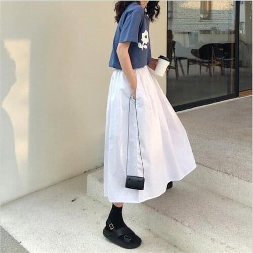 Autumn 2020 New Fashion Women Vintage Elegant A-Line Skirts Summer Elastic Waist Casual Loose Solid Skirts Plus Size M-7XL