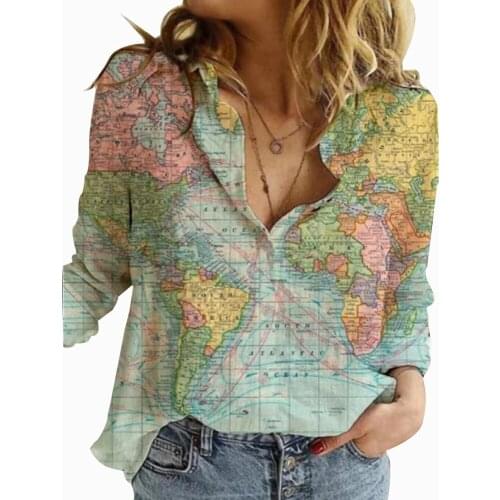 NEW Map Printed Women Blouses Long Sleeve Loose Ladies Shirt 2021 autum spring Female V- Neck Tops Streetwear Casual Shirts