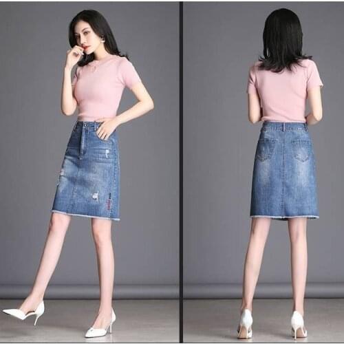Spring Summer Skirt Women Denim Embroidery Solid Vintage High Waist Elegant with Package New Fashion Korean Style Clothes D288