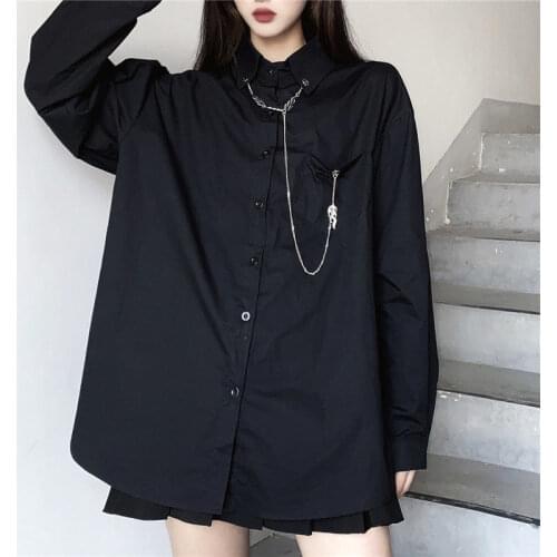2021 Spring Vintage Long Sleeve Blouses Black Chain Korean Hong Kong Style Retro Women Button Up Shirt Harajuku Fashion Tops