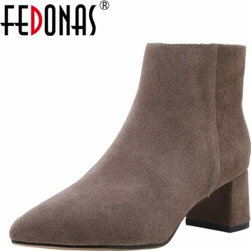 FEDONAS Classic Office Casual Autumn Winter Women Ankle Boots Cow Suede Pointed Toe Fashion Concise High Heels Zip Shoes Woman