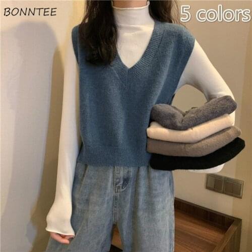 Sweater Vests Women 5 Colors Elegant Solid Korean Style Students Sleeveless Casual V-neck Outerwear Mujer Spring Preppy New Chic