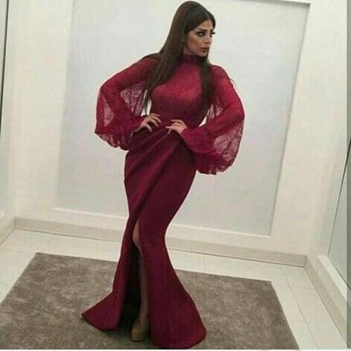 Arabic Dubai Burgundy High Neck Lace Mermaid Evening Dresses Long Sleeve Satin Slit Floor Length Long Prom Dress robe de soiree