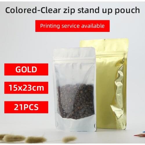 15x23cm 21pcs GOLD stand up pouch with zipper aluminum foil zip lock bag gold and clear packaging bag for Tea coffee pet food