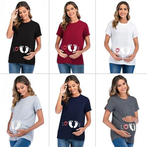 2020 Funny Printed Maternity Tees Love Footprint Short Sleeve T-shirt for Pregnant Women Summer Pregnancy Casual T Shirt Tops