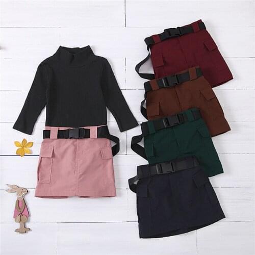 2020 1-6Y Toddler Baby Girl Fashion Clothing Fall Outfits Turtleneck Black Sweater+Pockets Solid Color A-line Skirt With Belt