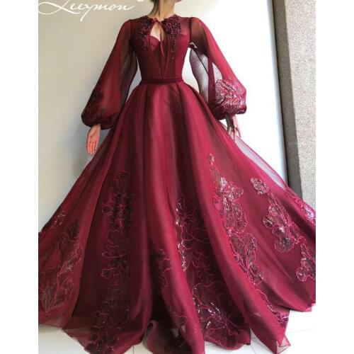 Leeymon Red Tulle Evening Dress A-Line Puff Sleeves Lace Appliques Party Dress Floor Length robe de soiree