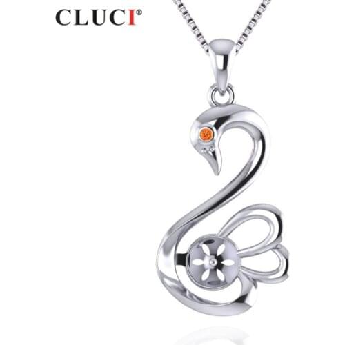 CLUCI Zirconia Swan Pearl Pendant Necklace Fashion Jewelry for Women 925 Sterling Silver ,can stick 7mm Pearl on SP329SB