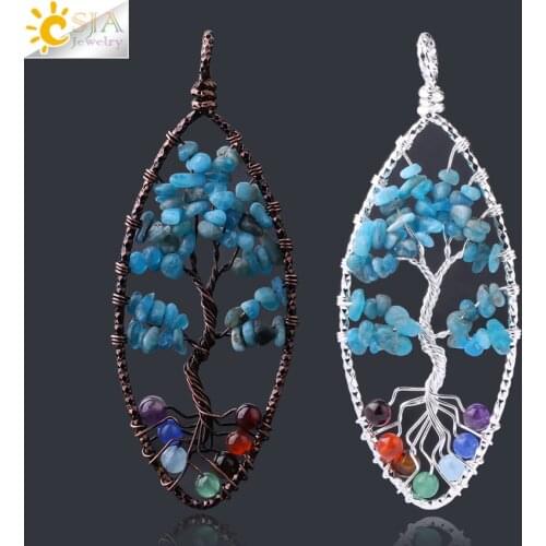 CSJA Healing 7 Chakras Tree of Life Pendants Natural kyanite Gem Stone Chip Beads Antique Silver Color Wire Wrap Jewelry F825