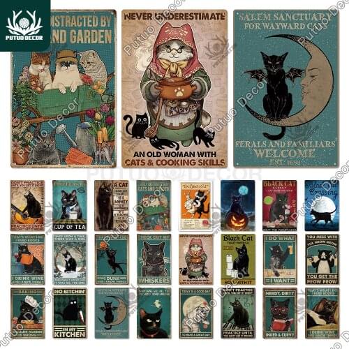 Putuo Decor Black Cat Vintaget Metal Sign Plaque Metal Vintage Tin Sign Decoration for Living Room Pet Shop Home Wall Decor