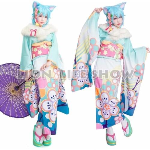 Flower Kimono SAO ALO Yuuki Asuna green Asada pink Shino blue Leafa purple Japanese Furisode Kimono Cosplay Costume