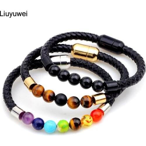 Liuyuwei 7 Chakra Leather Bracelet Men Healing Balance Beads Reiki Buddha Prayer Natural Stone Yoga Bracelet For Women YWQR2409