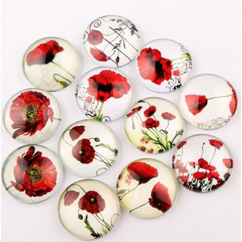 Onwear mix handmade poppy flower photo round glass cabochon 30mm 8mm 12mm diy jewelry making findings