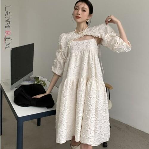 LANMREM Puffy Sling Dress For Women 2021 Summer Dresses Printed Flower Female Fashion Tide Party Clothing 2D3797