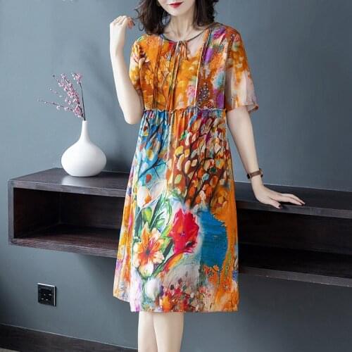 Summer imitate real silk dress female fashion print loose casual dresses high quality elegant plus size M-4XL vestidos