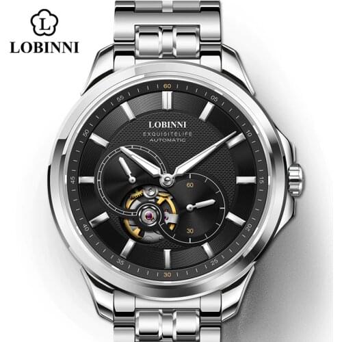 Lobinni Fashion Male Skeleton Watch Men Automatic Japan Movement Men Mechanical Watch Stainless Steel Sapphire zegarek meski