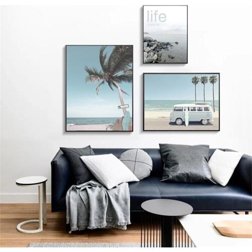 Nordic Travel Tropic Hawaii Beach Wall Art Poster Bus Surfboard Palm Print Landscape Canvas Painting Modern Pictures Home Decor