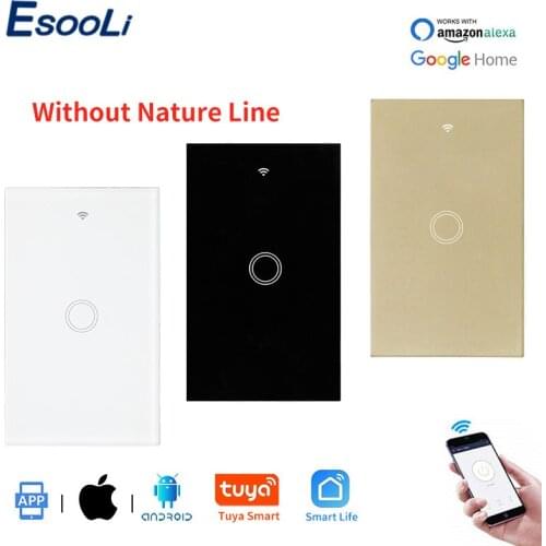 EsooLi US Standard Tuya Smart Life APP Touch Smart Home Automation Wall Switch 1 Gang Glass Panel Wall Switch Single Fire Line