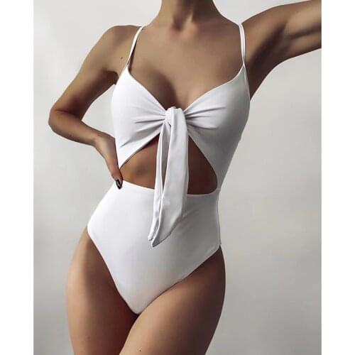 2021 New Sexy Plunging Swimsuit One Piece High Cut Swimwear Women Cross Bandage Beachwear Bow Summer Backless Bathing Suit Women