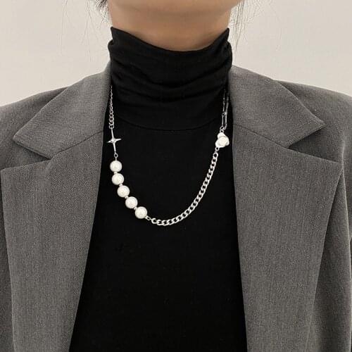 Luokey 2021 New Luminous Pearl Necklace Chunky Cuban Clavicle Chain Stainless Steel Necklaces For Women Cool Men Hip Hop Jewelry