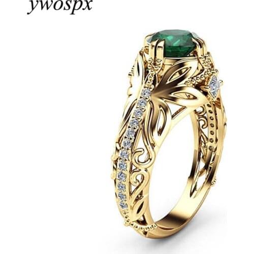 YWOSPX New Luxury Green Crystal Zircon Gold Color Leaf Rings for Women Anillos Jewelry Wedding Engagement Ring Bijoux Gift Y40