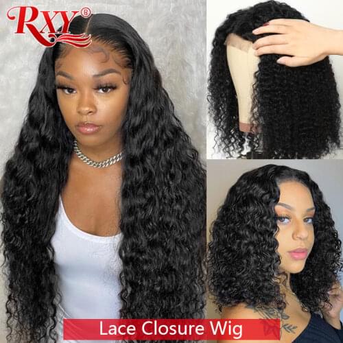RXY Closure Wig Deep Curly Human Hair Wig Short Bob Wig Lace Front Human Hair Wigs For Women Brazilian Remy Human Hair 8-26